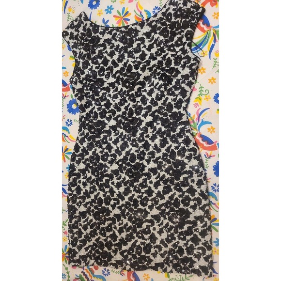 GUESS Women's Cocktail Dress Size 10 Black Silver Cheetah Sequin Mini Sh… - Picture 2 of 10